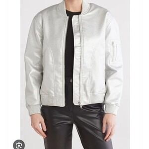 Blank NYC Metallic Faux Leather Bomber Jacket Silver Shiny Moto Biker M New‎